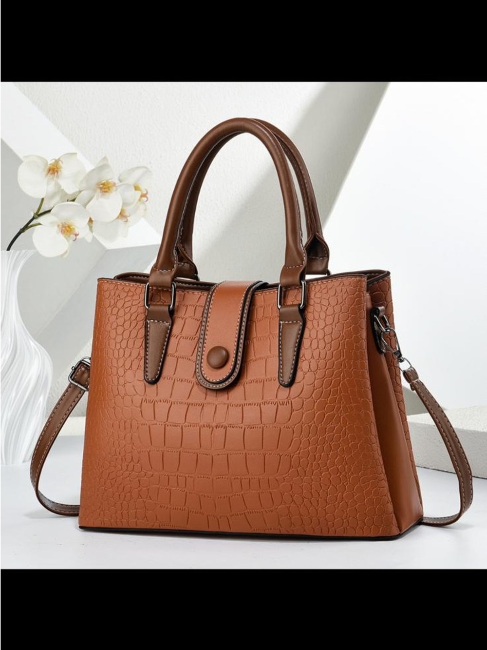 Classic Croc-Embossed Satchel Handbag - Brown